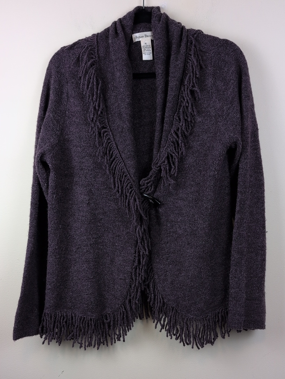 Susan Bristol Deep Purple Fringe Shawl Cardigan Toggle Close Wool Blend Size XL